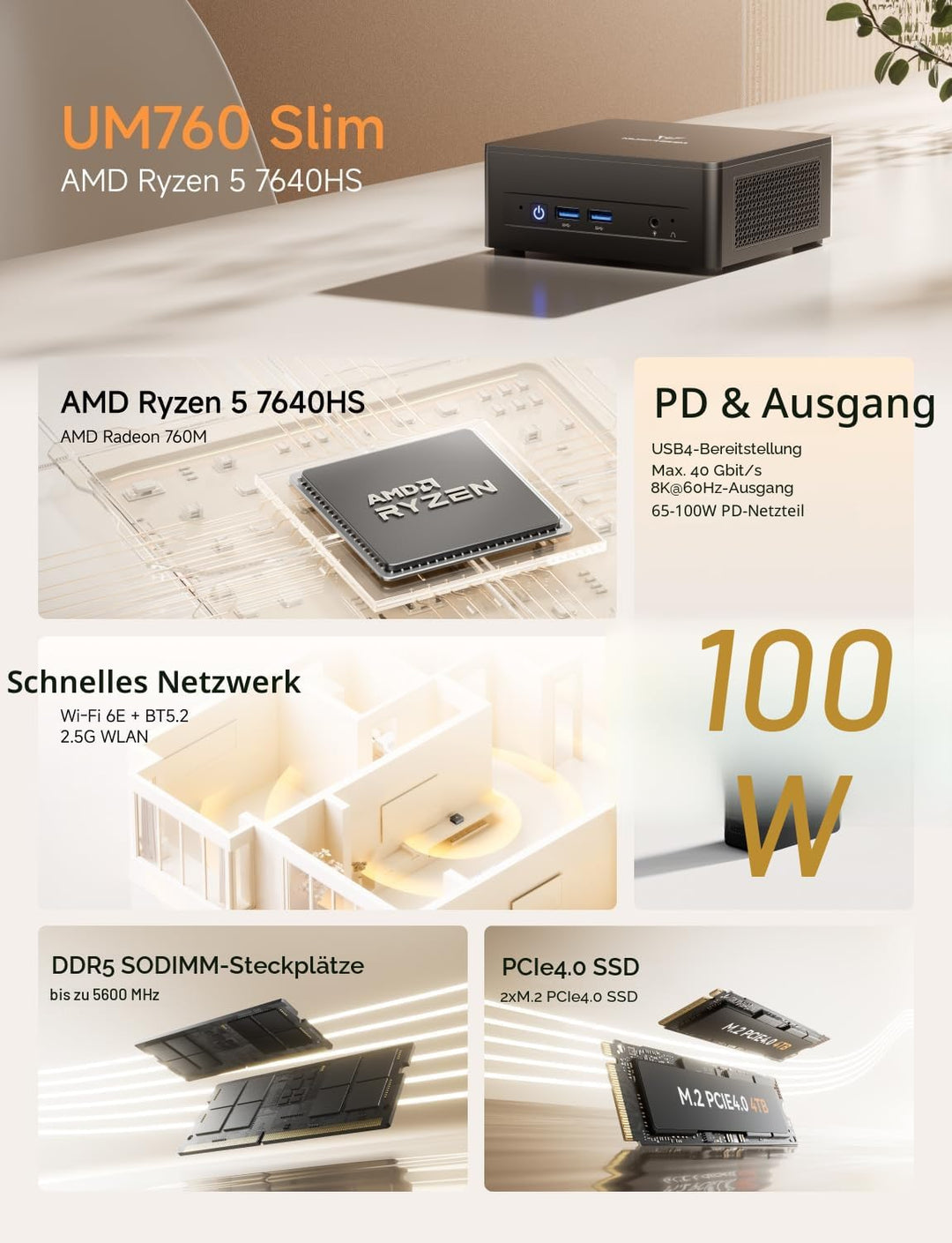 MINIS FORUM UM760 Slim Mini PC, AMD Ryzen 5 7640HS Mini Computer (6C/12T, bis zu 5.0GHz), 32GB DDR5