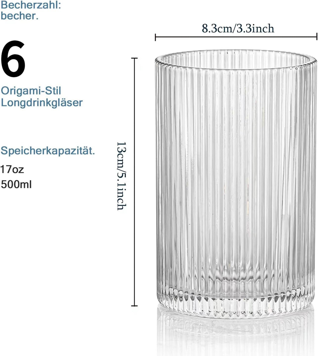 POLIDREAM Geriffelte Gläser 6er Set, 500ML Longdrinkgläser Set, Origami-Stil Glasbecher, Glasses Set