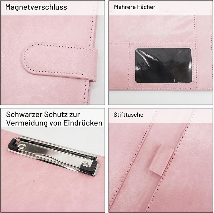 Schreibmappe A5 Klemmbrett Mappe mit Magnetischer Verschluss, organizer büro mappe, Rosa Ordner, Dok