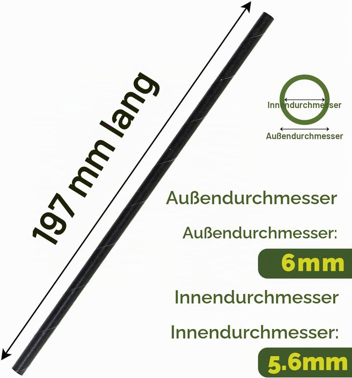 1000 Stück schwarze Papiertrinkhalme, 19,7x0,6cm - Grosspackung für Cocktails, Bars und Restaurants