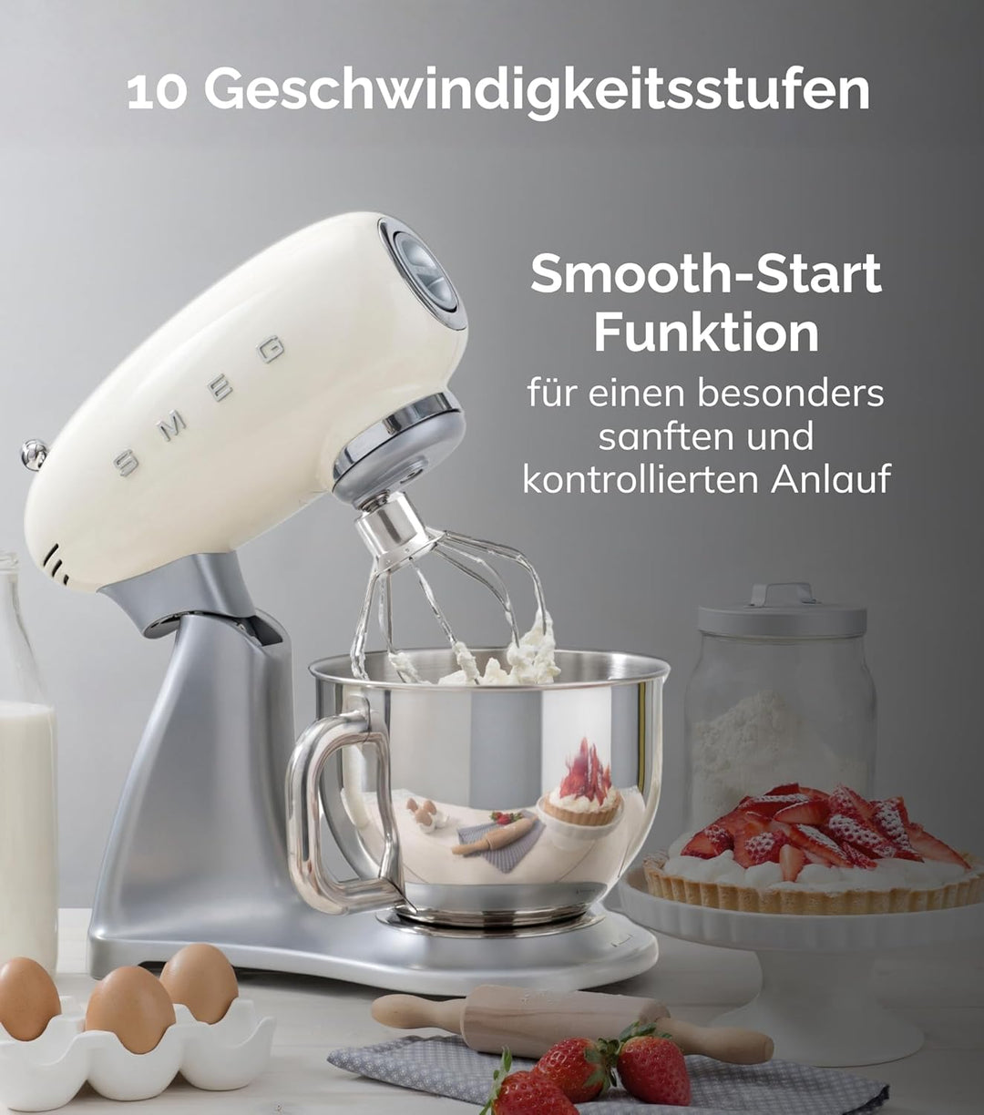 Smeg, SMF02CREU Küchenmaschine, 10 Geschwindigkeitsstufen, Planetenrührwerk, Sicherheitsabschaltung,