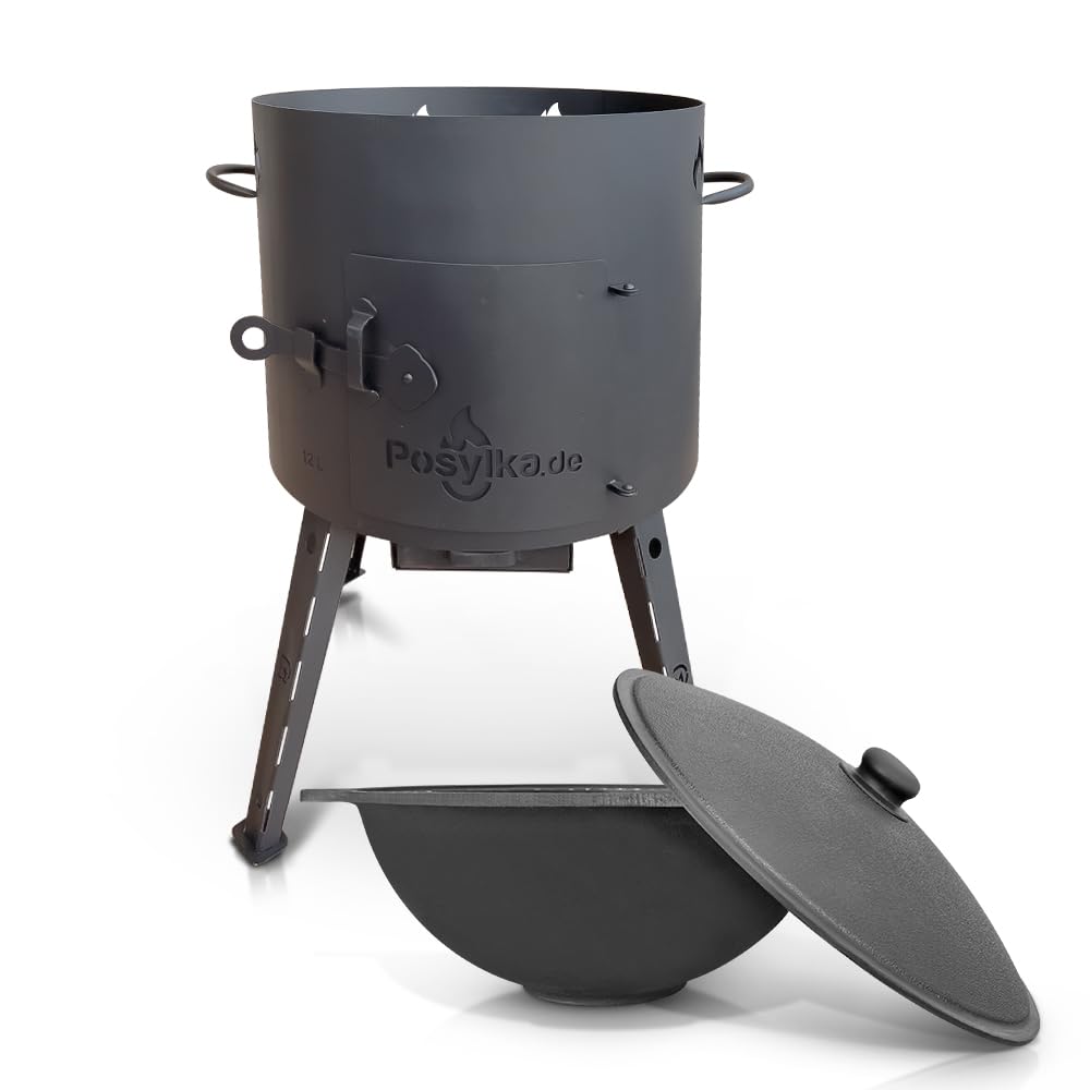 Utschak Feuerofen mit Gusseisen Topf flacher Boden mit Deckel 12 L Ø 40 cm Kazan Учаг Uchag казан Ka