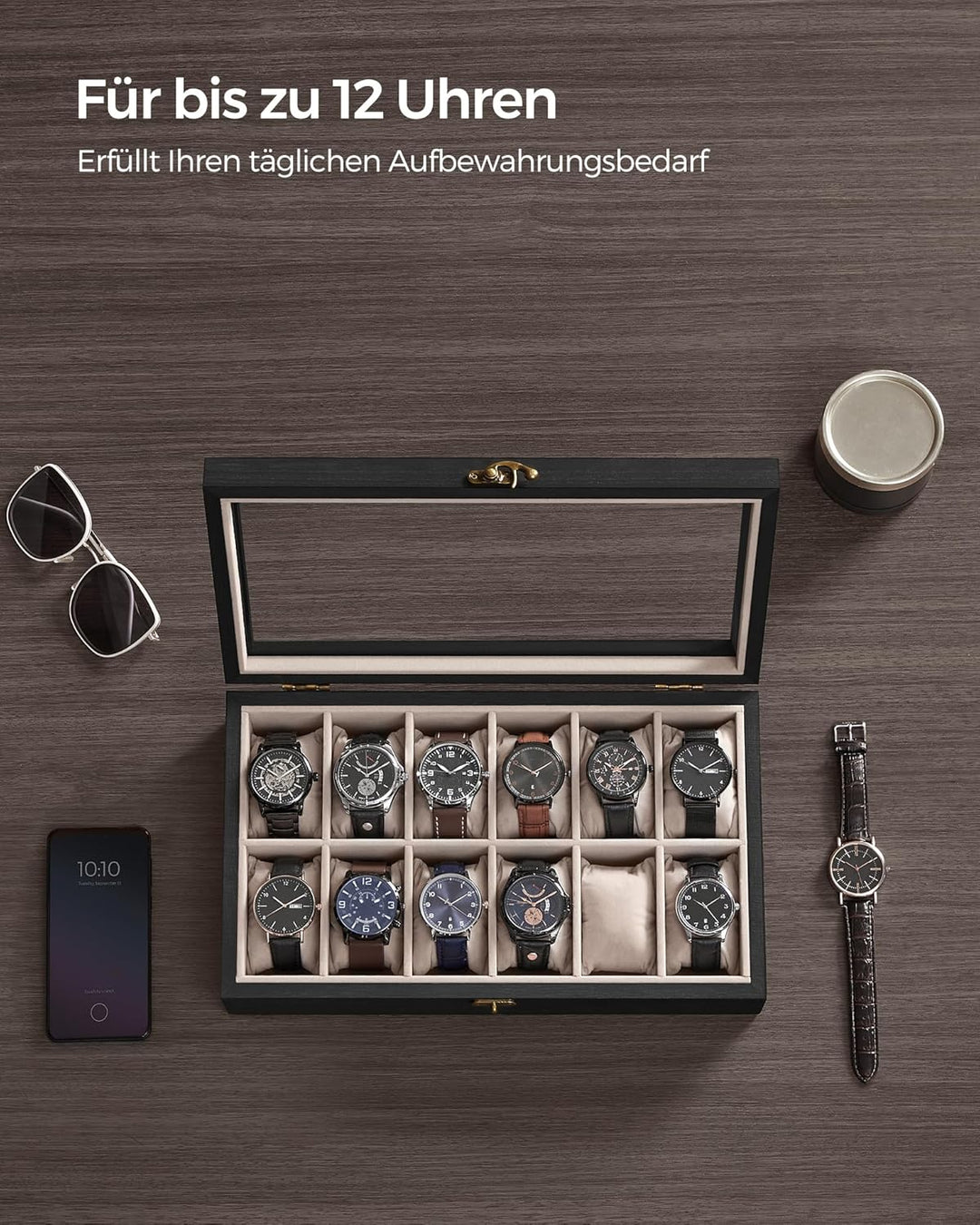 SONGMICS Uhrenbox mit 12 Fächern, Uhrenkasten aus Massivholz, mit Glasdeckel, Uhrenkissen, Geschenk