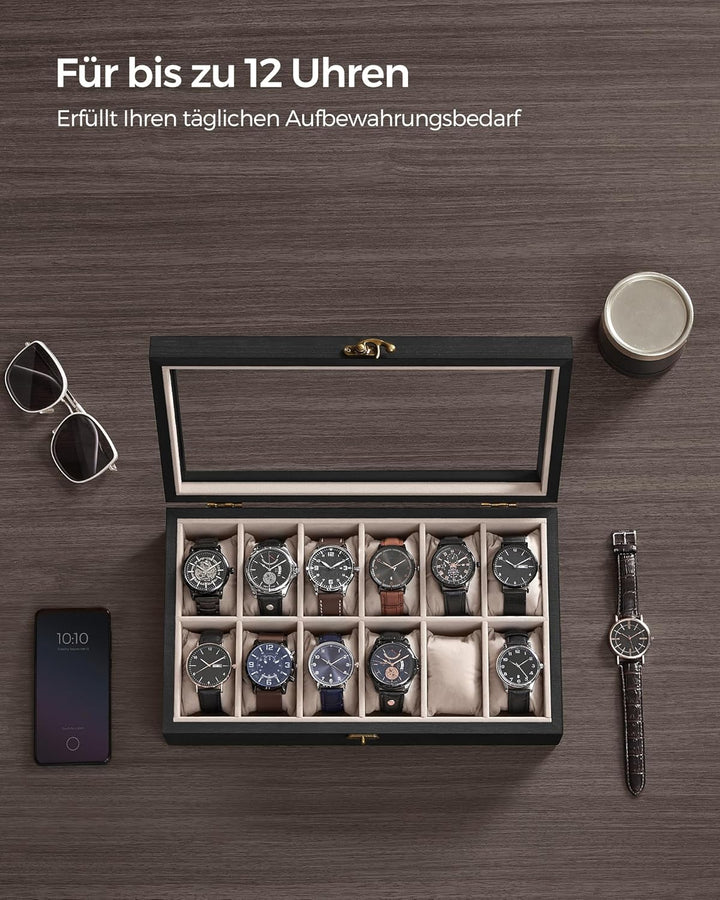SONGMICS Uhrenbox mit 12 Fächern, Uhrenkasten aus Massivholz, mit Glasdeckel, Uhrenkissen, Geschenk