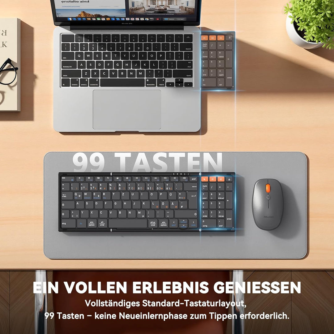 MEETION Faltbare Bluetooth Tastatur Maus Set Kabellose, QWERTZ Deutsches Layout Falten Funktastatur