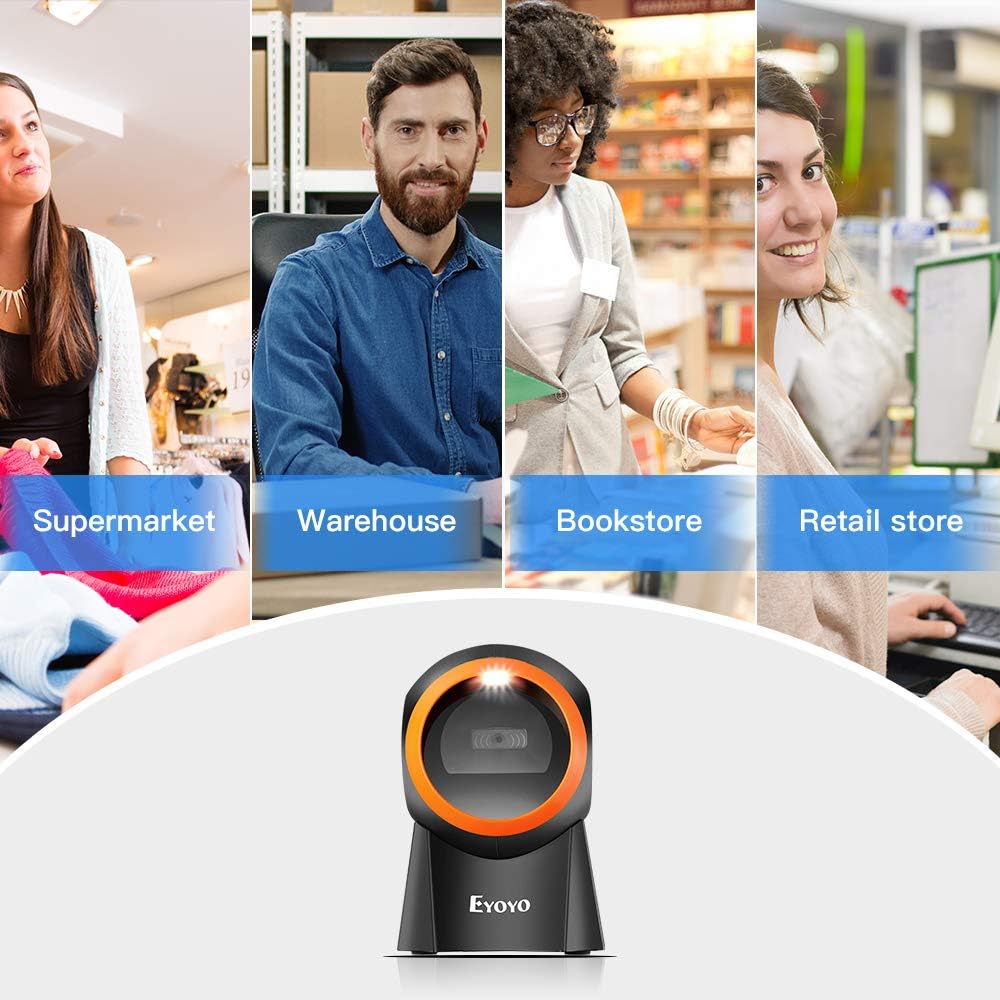 Eyoyo 1D 2D QR Desktop Barcode Scanner with Large Scan Window, Hands-Free Barcode Reader with QR Scr