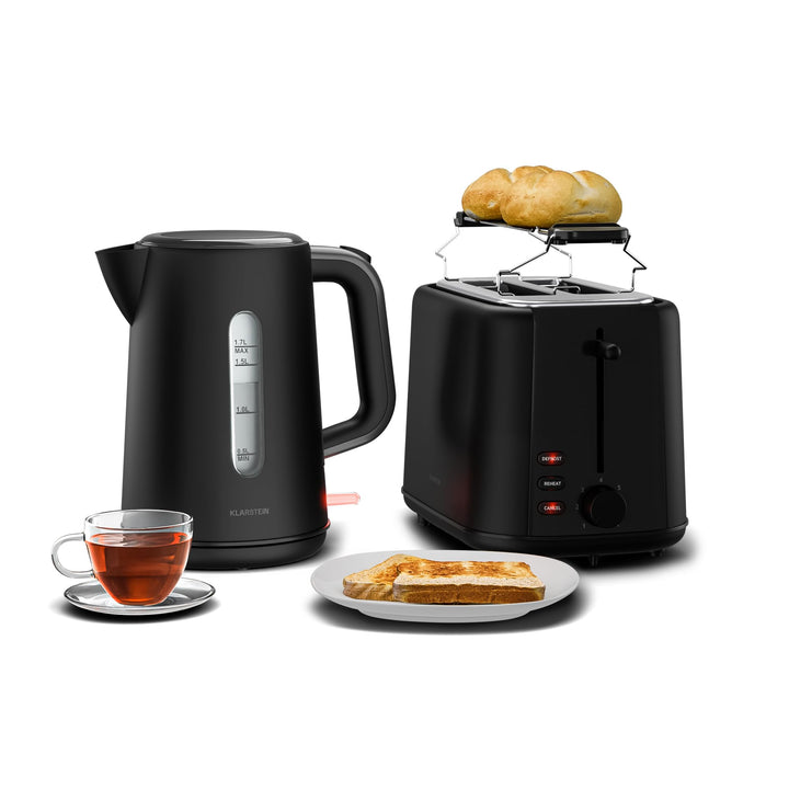 Klarstein Velaire Toaster Wasserkocher Set – 2 Scheiben Toaster mit 7 Bräunungsstufen, Brötchenaufsa