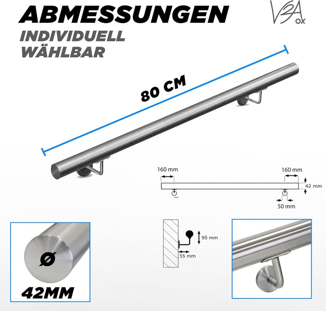 Edelstahl Handlauf Treppengeländer Geländer Wandhandlauf Wand Treppe 40-1000 cm V2Aox, Länge:80 cm,