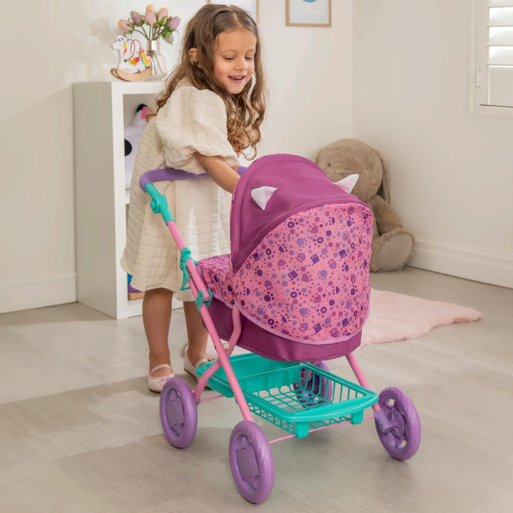 Gabby's Dollhouse Junior Puppenwagen Lila & Grün | Puppen-Buggy mit Verstellbarer Griffhöhe | Faltba