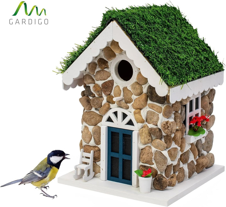 GARDIGO® Nistkasten in Steinhaus-Optik Dekoratives Vogelhaus zum Aufhängen Mit echten Steinen Meisen