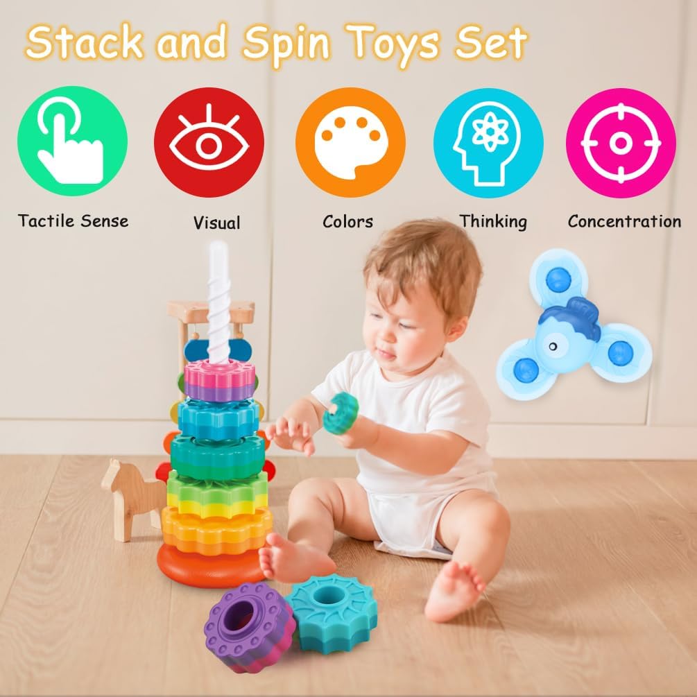 Stapelturm mit Saugnapf Spielzeug Baby, Kinder Stapelringe Bunt Motorik Kreative Pyramide Turm 5 Sch
