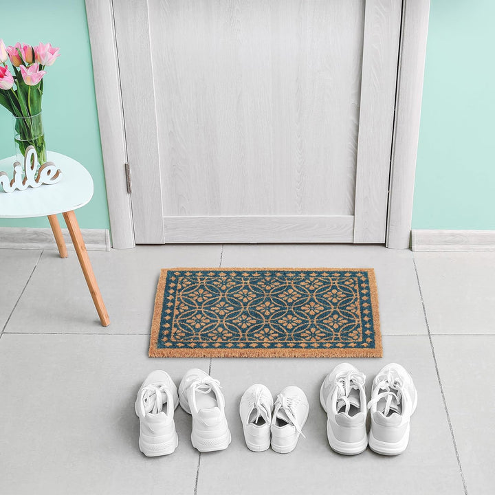 Relaxdays Fussmatte aus Kokos, florales Design, Türmatte aussen & innen, gummierte Kokosmatte 60x40