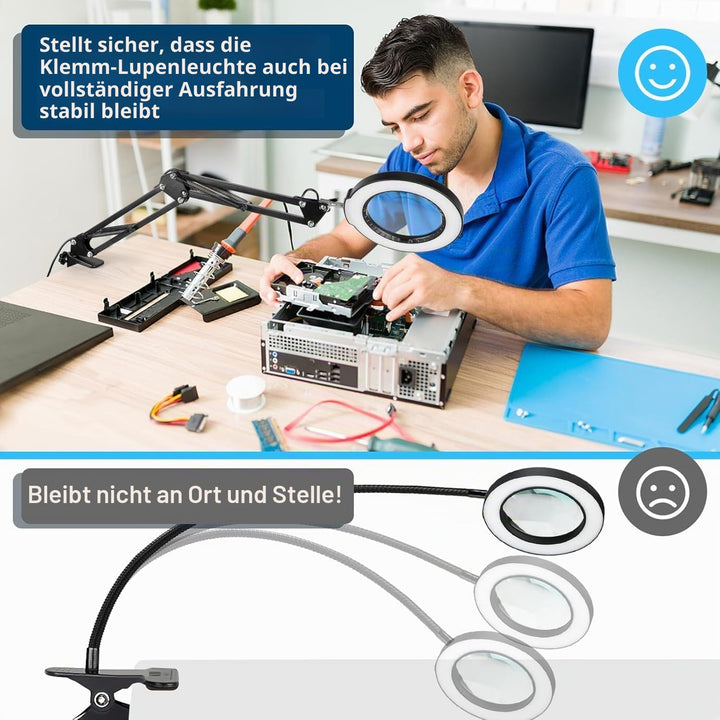 10X Lupe mit Licht und Klemme, LED Lupenlampe mit Glaslinse, 5 Farbmodi Stufenlosem Dimmen, Lupe mit