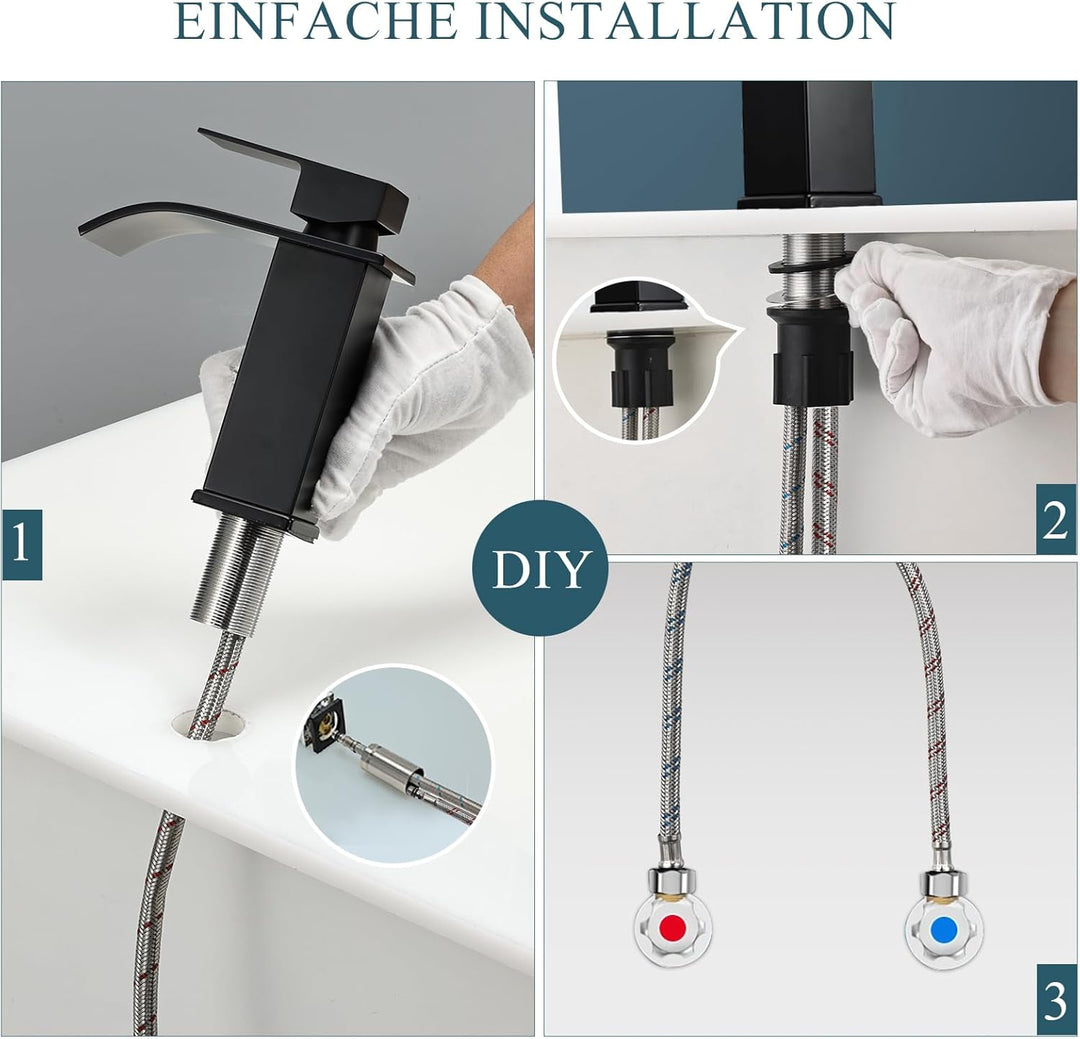 Schwarzer Wasserfall Wasserhahn, Matt Schwarz Waschtischarmatur für Badezimmer, Einhebelmischer Warm