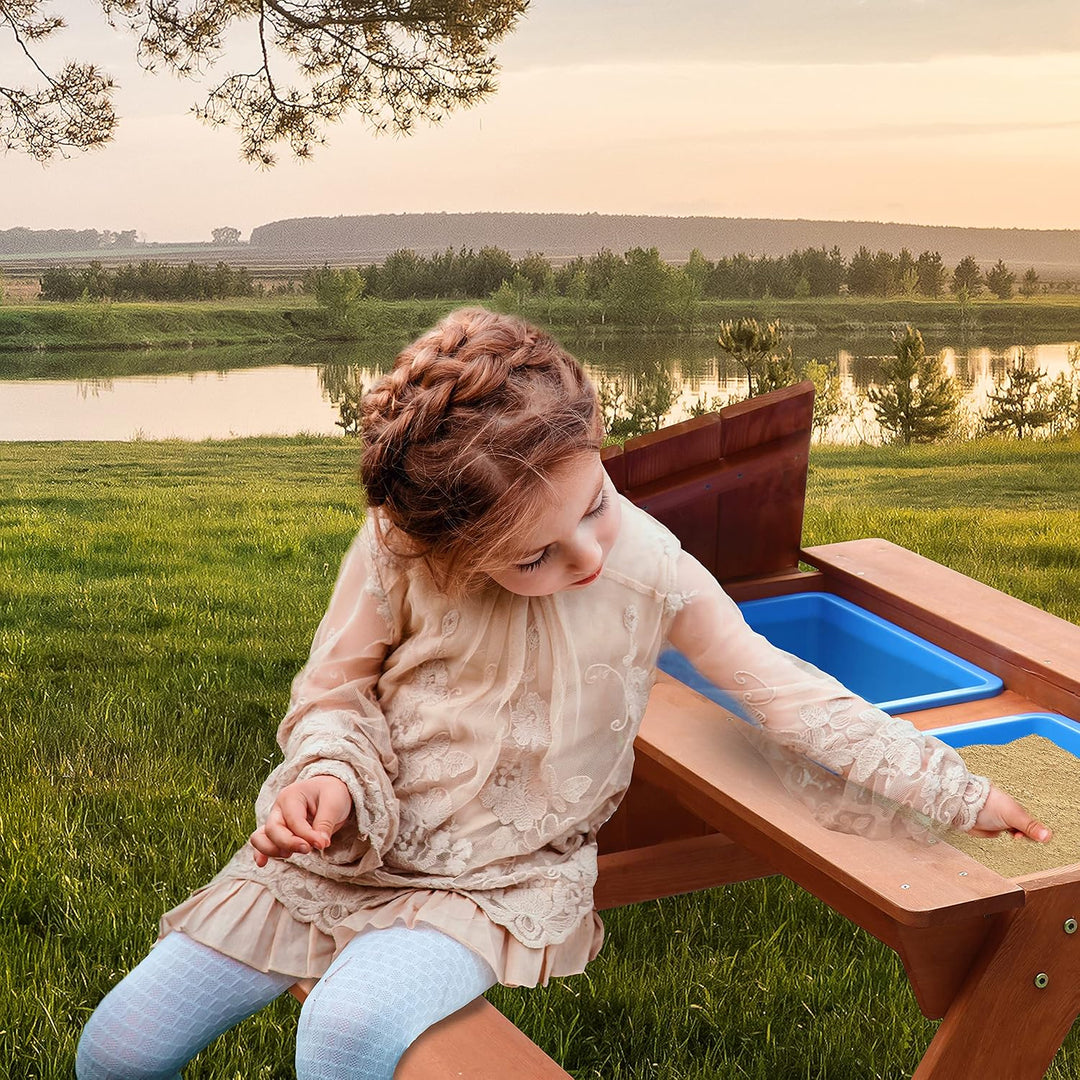 Sunny Dave Kinder Sand &amp; Wasser Picknicktisch aus Holz - Braun | Wasserspieltisch &amp; Sandtisch mit De