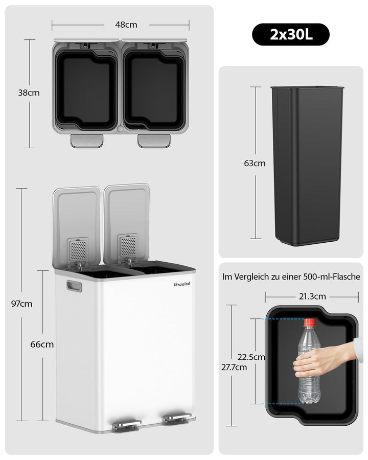lovewind Mülleimer, 2 x 30L Mülleimer Küche, Doppeleimer für Recycling und Abfall, Weiss, Mülleimer