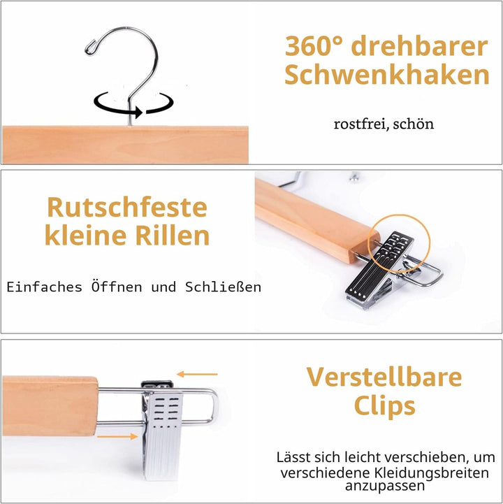 Amber Home 10 Stück 36cm Natürliche Kleiderbügel aus Holz, Robust und Glänzend Hosenbügel Aufhänger