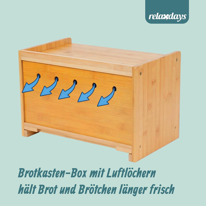 Relaxdays Brotkasten, Bambus, Schneidebrett, Ablage, Luftlöcher, Sichtfenster, HxBxT: 26 x 40 x 25 c