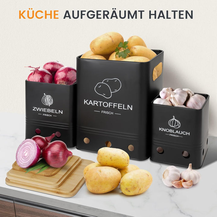 Kartoffel Aufbewahrungsbox, Aufbewahrung Kartoffeln Zwiebeln Knoblauch - 3er Set mit Bambusdeckel -
