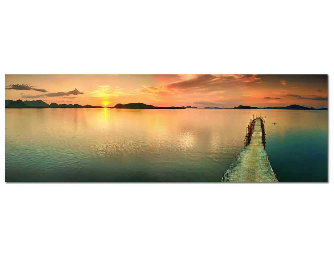 Paul Sinus Art Panoramabild auf Leinwand und Keilrahmen 150x50cm Meer Steg Sonnenuntergang