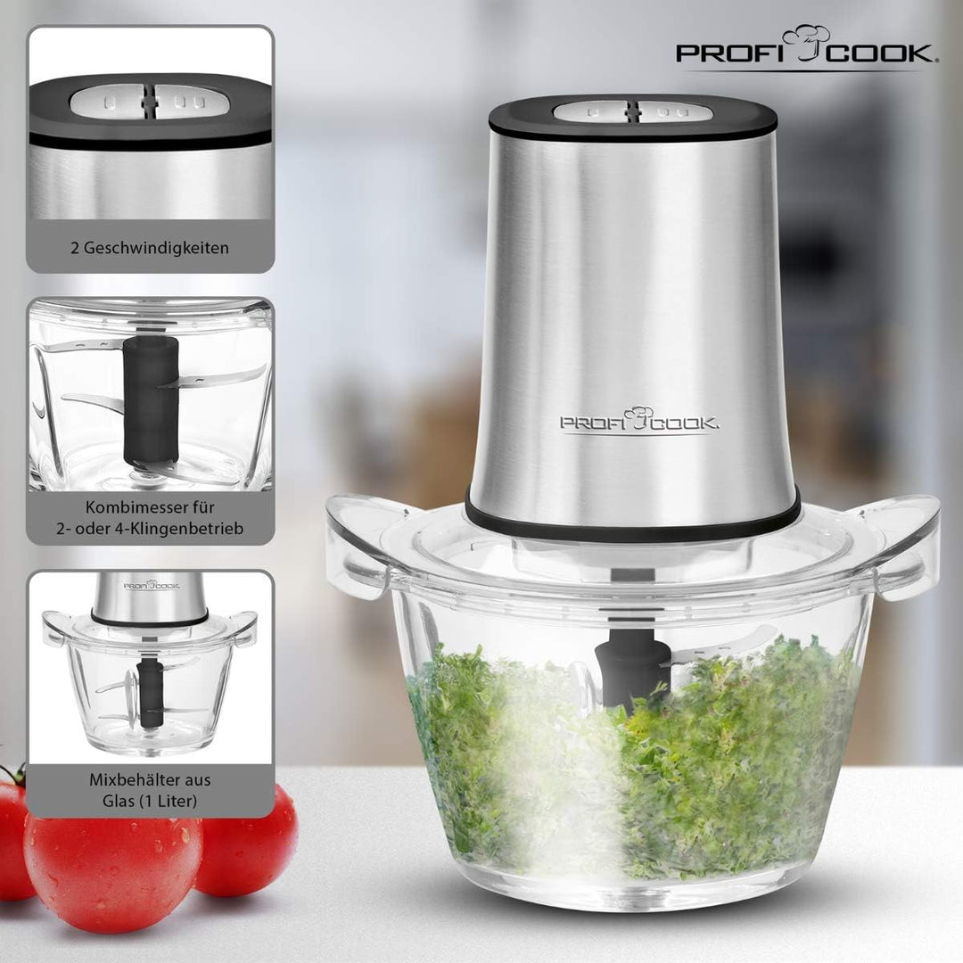 ProfiCook PC-MZ 1150 2in1 Multizerkleinerer und Ice Crusher, Edelstahlgehäuse, Glas-Mixbehälter (1 L