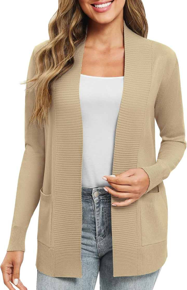 EXCHIC Damen Lange Ärmel Gestrickt Strickjacke Leicht Gemütlich Offene Vorderseite Lange Freizeitjac