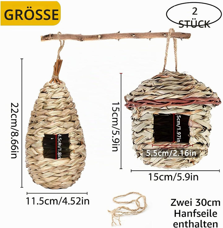 Gras Bird Nest, 2 Stück Handgewebtes Vogelnest aus Gras – Hängende Vogelhäuschen für Aussen &amp; Käfig