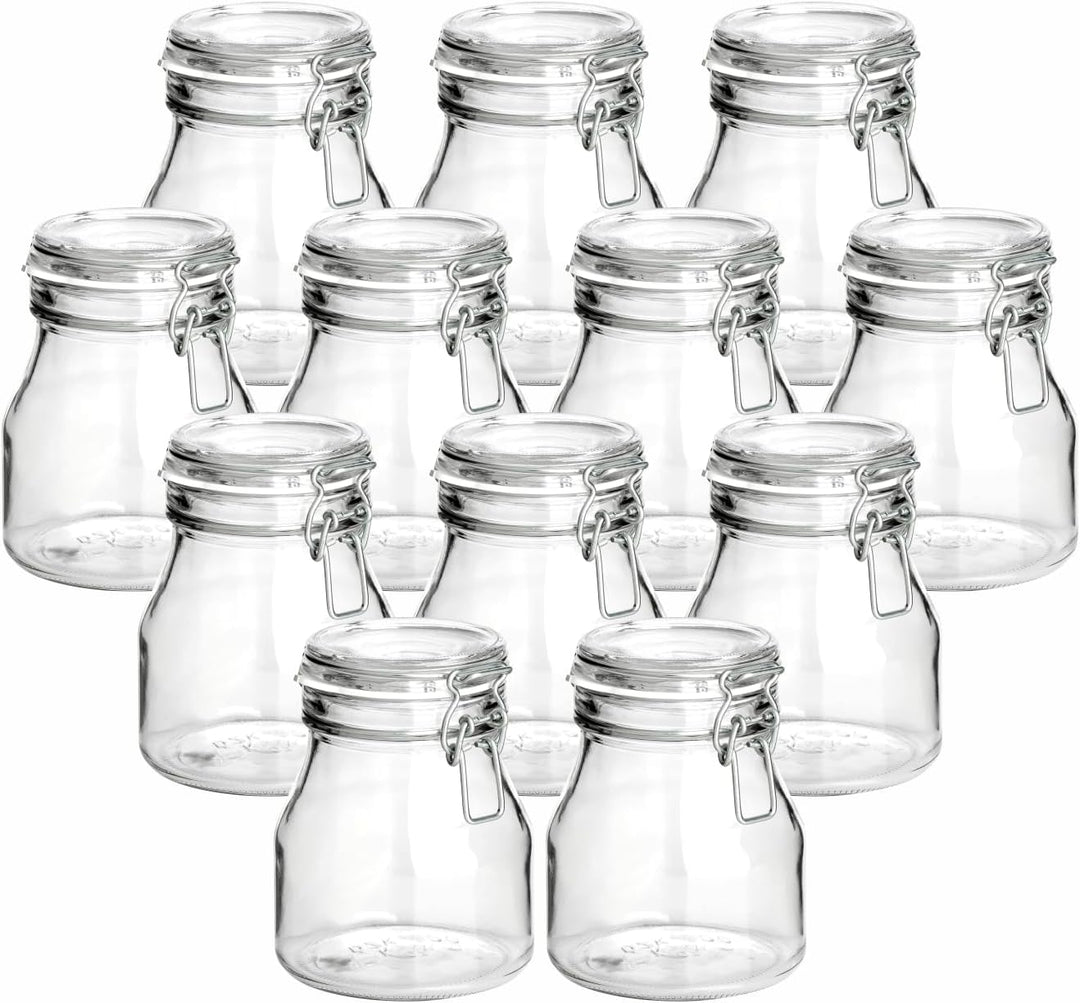 gouveo 12er Set Einmachglas 750 ml rund mit Bügelverschluss weiss - Vorratsdosen aus Glas mit Drahtb