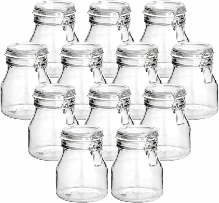 gouveo 12er Set Einmachglas 750 ml rund mit Bügelverschluss weiss - Vorratsdosen aus Glas mit Drahtb
