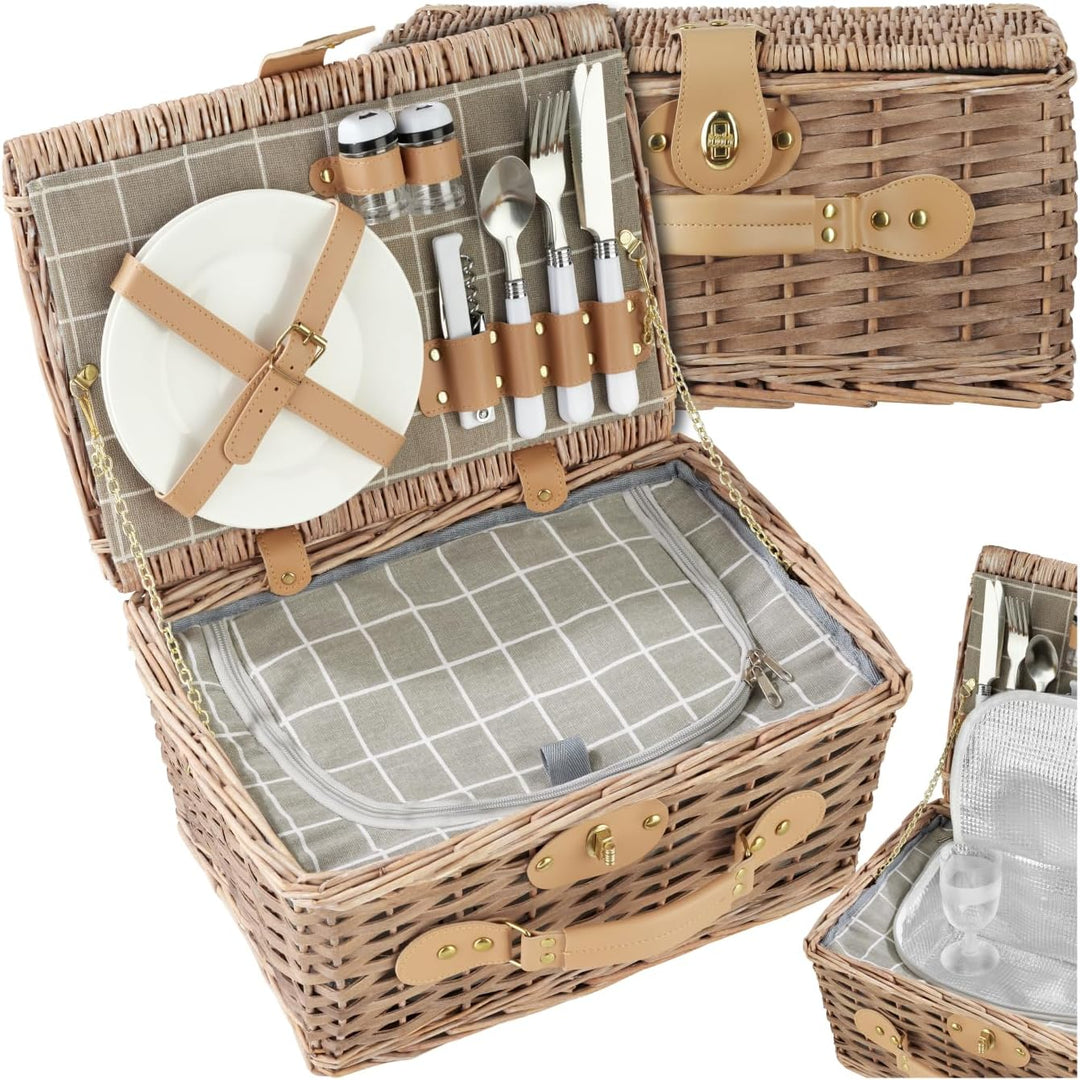 tectake® Picknickkorb 2 Personen, inkl. Kühlfach, befüllter Picnic Basket Weidenkorb für Ausflug, Ca