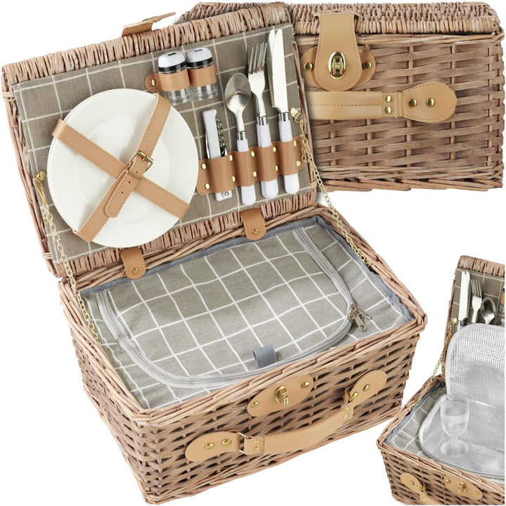 tectake® Picknickkorb 2 Personen, inkl. Kühlfach, befüllter Picnic Basket Weidenkorb für Ausflug, Ca
