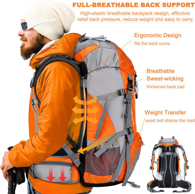 Loowoko Wanderrucksack 50L mit Regenschutz, Camping Rucksack Trekking Tasche für Outdoor, Männer & F
