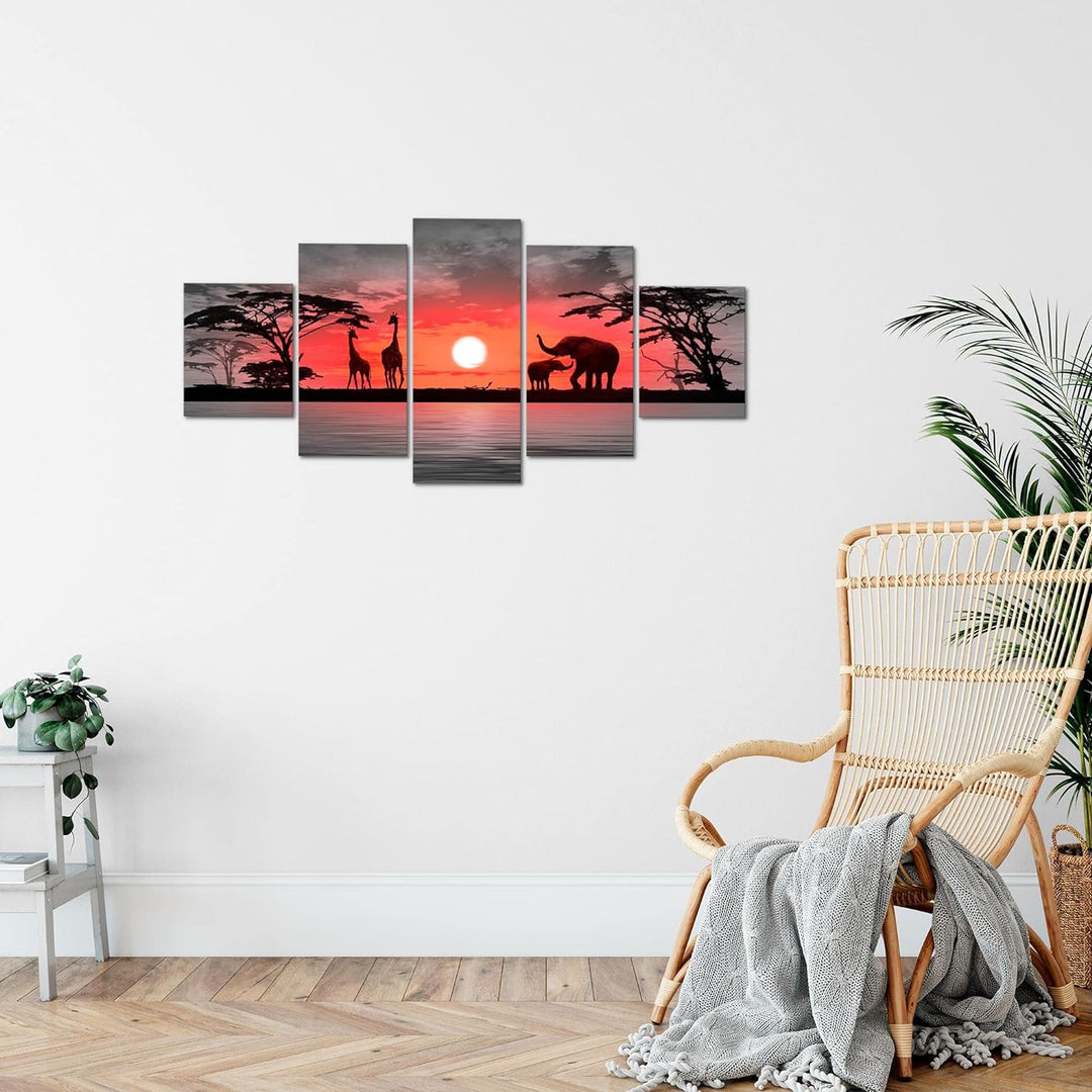 Runa Art Wandbilder Afrika Sonnenuntergang 5 Teilig Bild auf Vlies Leinwand Deko Wohnzimmer Schlafzi