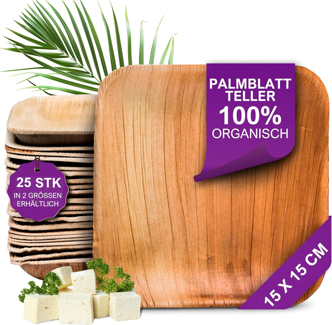 Waipur Bio Palmblattteller - 25 Teller klein eckig 15x15 cm - Premium Einweggeschirr kompostierbar -