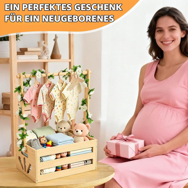 Baby Geschenk Korb aus Holz mit Griff, Baby Aufbewahrungskorb mit Kinder Kleiderbügel und Girlande,