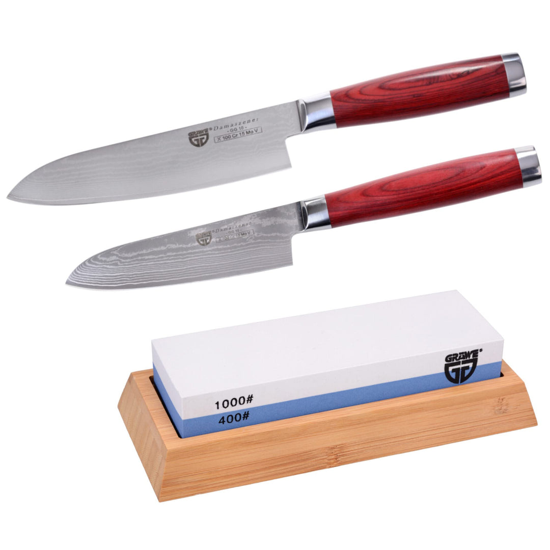 GRÄWE Santokumesser Messerset - 2er Pack, Damastmesser mit Holzgriff, 12 cm & 17 cm Klinge im Set in