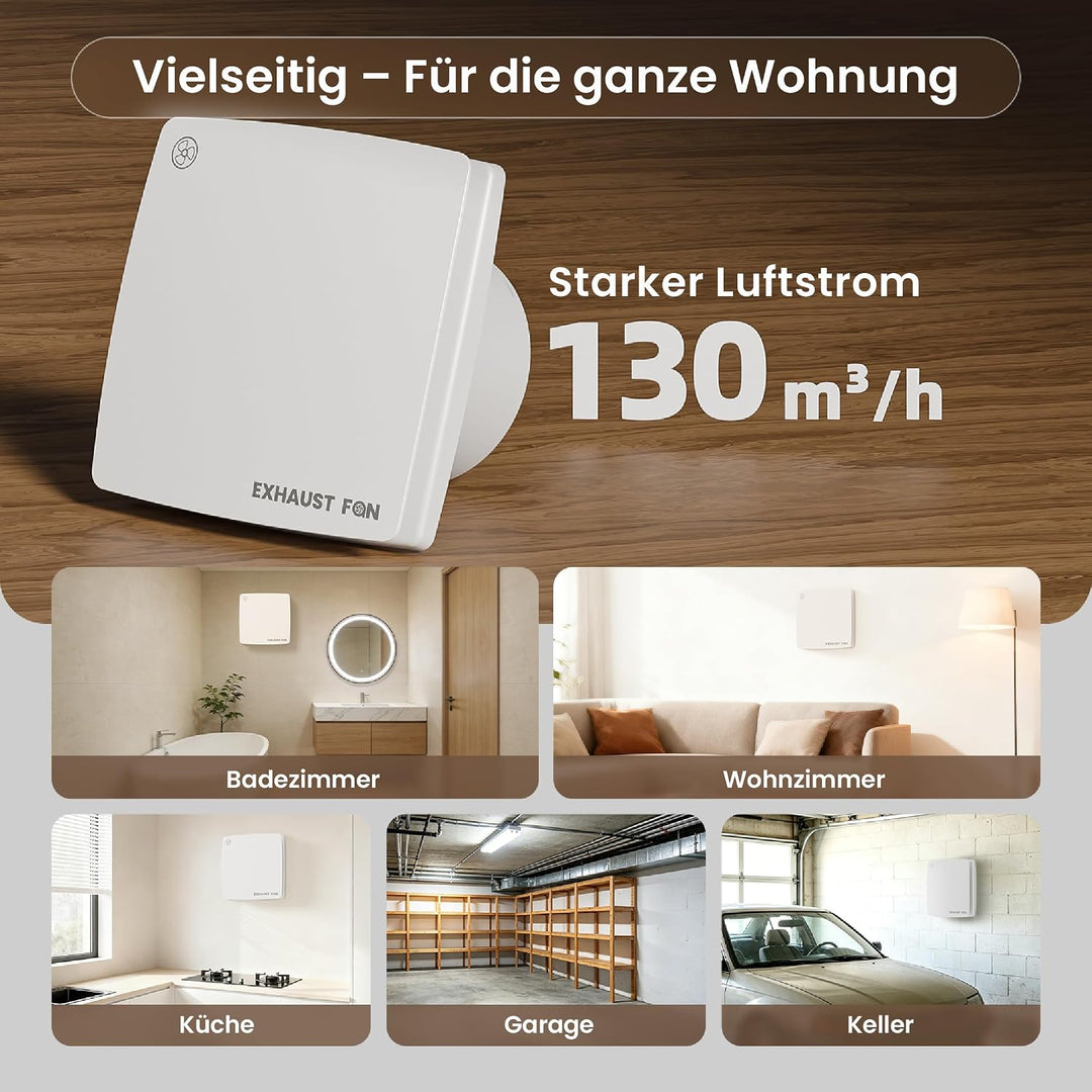 100mm Badlüfter mit Lichtschalter-Aktivierung Leiser IPX4 - Weiss | 130m³/h Starke Belüftung, 8W Kup
