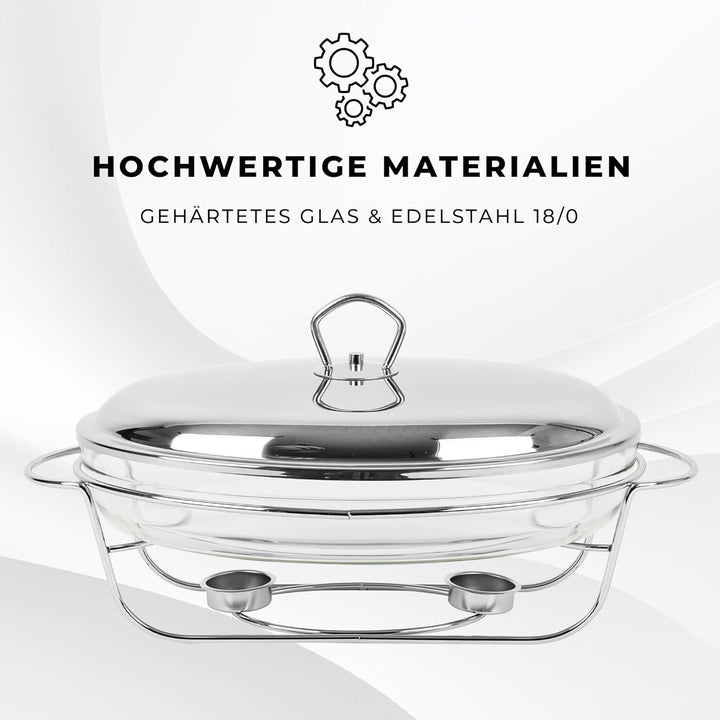 Wärmebehälter für Speisen mit Glaseinsatz - 3L - Teelicht Warmhalteplatte - Edelstahl Gestell und De