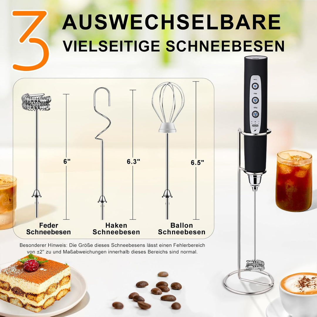 YUSWKO Milchaufschäumer Stab für Kaffee mit Ständer, Usb Wiederaufladbarer Aufschäumer, 3 Schneebese