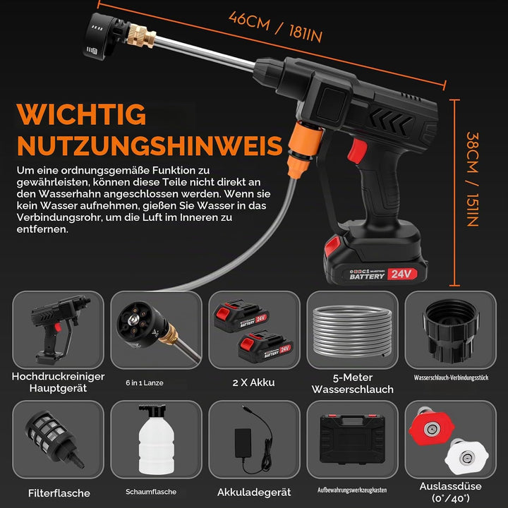 Akku Hochdruckreiniger, 362PSI Tragbarer Hochdruckreiniger, Hydro Blast Druckreiniger mit 2 Akku, 6-