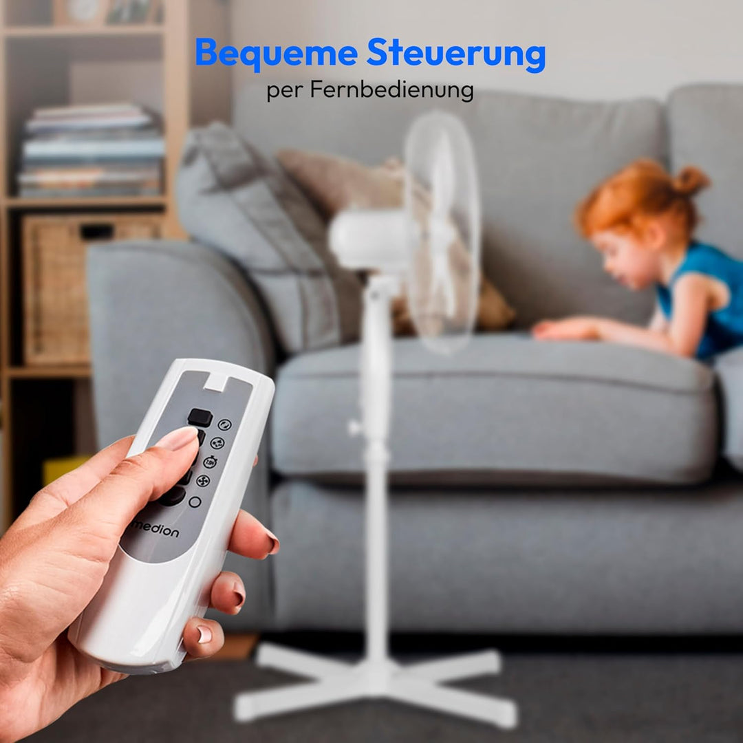 MEDION Standventilator mit Fernbedienung, drei Geschwindigkeitsstufen, 45 Watt Leistung, 36 cm, Schw