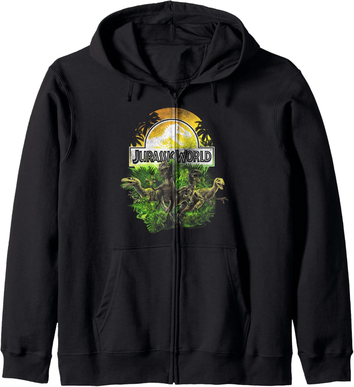 Jurassic World Raptor Group Shot Titel Logo Kapuzenjacke