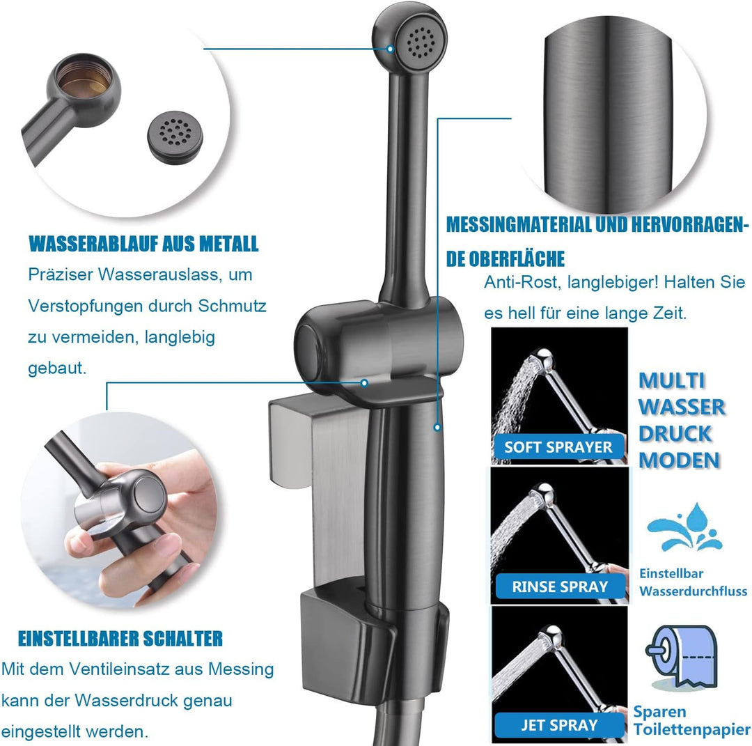 Handbrause Bidet für Toilette - Bad Armaturen WC mit G1/2" Ventil und G3/8" Adapte - Langlebiges Mes