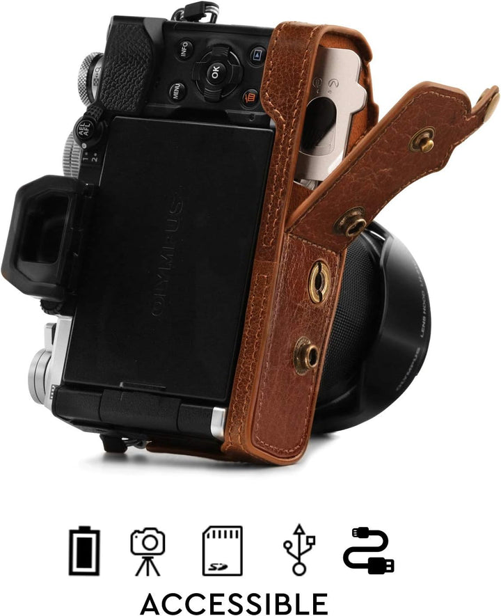 MegaGear Ever Ready MG1863 Kameratasche aus echtem Leder, kompatibel mit Olympus OM-D E-M5 Mark III