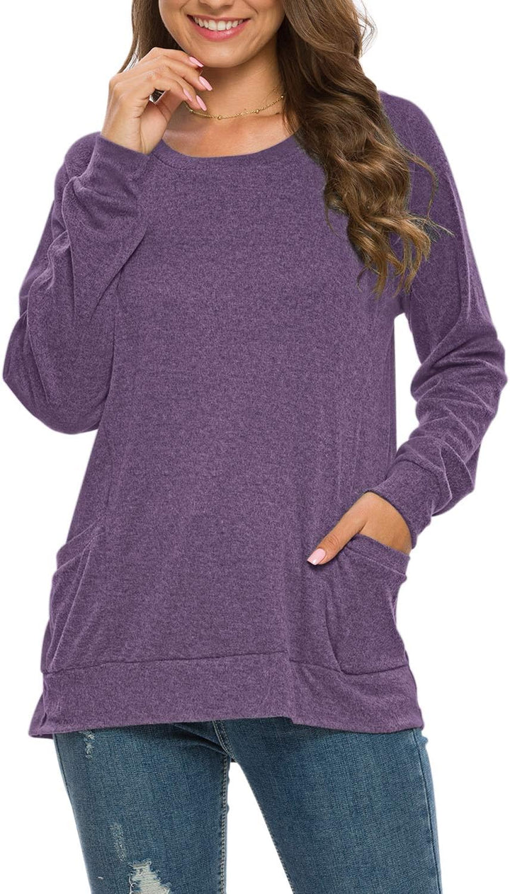 AUSELILY Damen Langarmshirts Rundhals T Shirts Blusen Tunika Sweatshirt Pullover Mit Taschen Lila S,