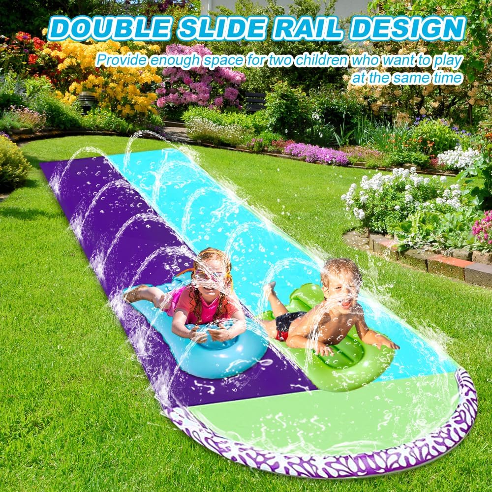 Wasserrutsche Garten für Kinder, 6.1*1.4M Aufblasbare Wasserrutsche mit 2 Bodyboards, Doppelte Wasse