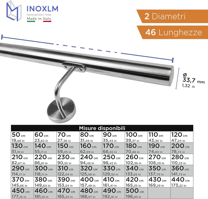 INOXLM Handlauf Edelstahl ⌀ 33,7mm Treppengeländer Edelstahl AISI 304 mit Satiniert Finish, Geländer