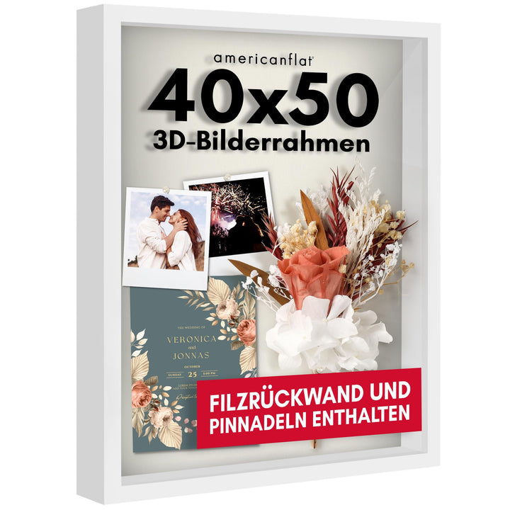 Americanflat 3D-Bilderrahmen zum Befüllen - 40x50 cm - tiefer Objektrahmen mit weichem Leinentuch al