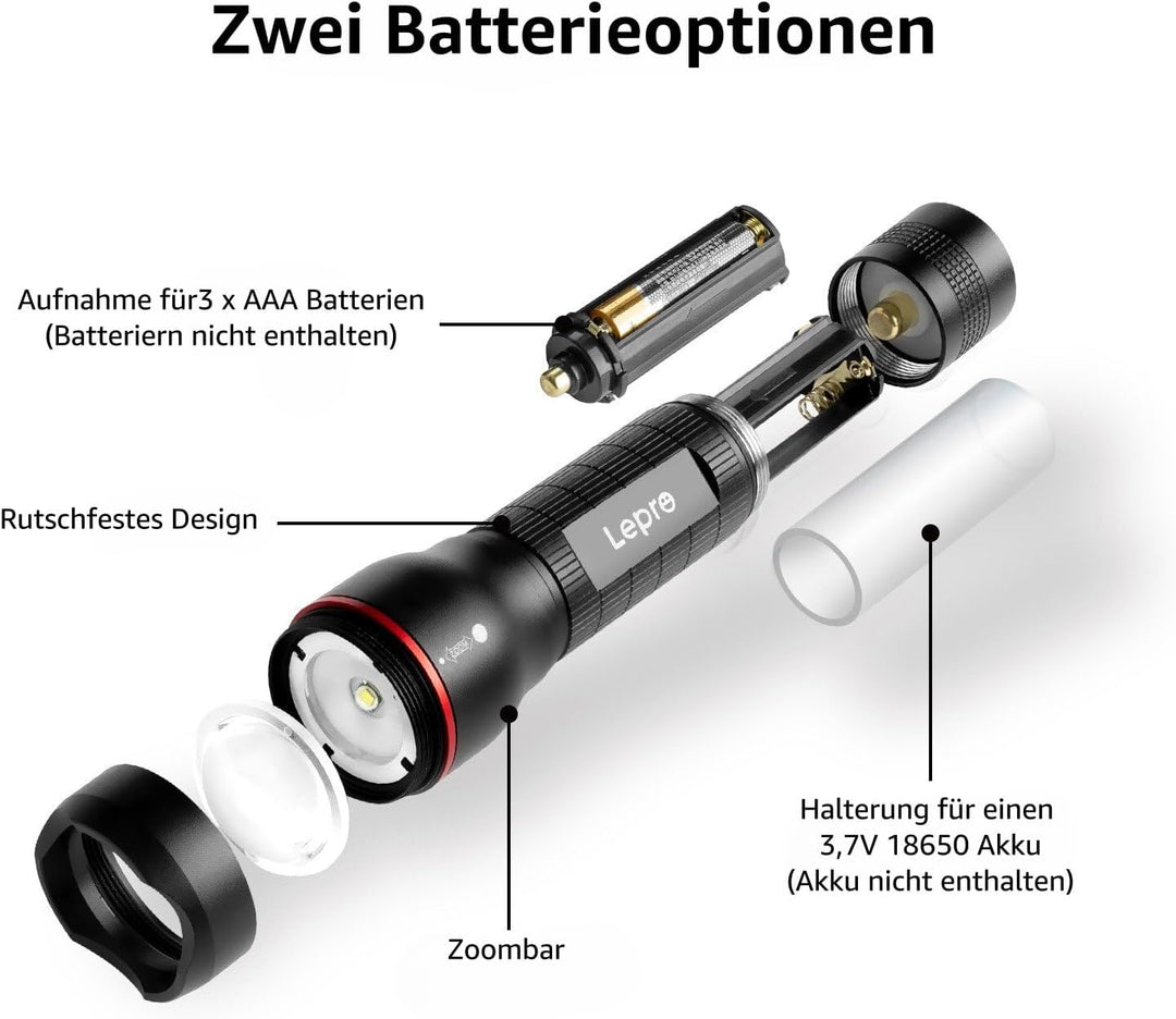 Lepro LED Taschenlampe, LE2000 Extrem Hell LED Taschenlampen mit 5 Modi, Zoombare Camping Handlampe,