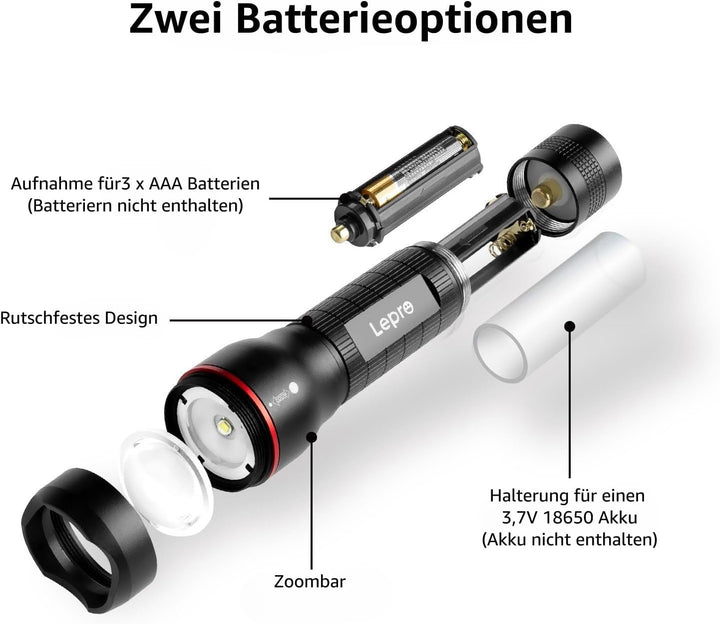 Lepro LED Taschenlampe, LE2000 Extrem Hell LED Taschenlampen mit 5 Modi, Zoombare Camping Handlampe,
